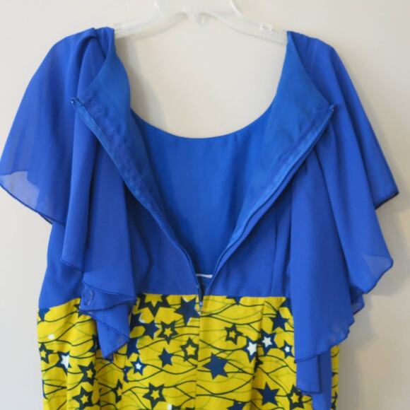 AFRICAN Handmade Ankara Dress Mid Length Short Sleeve Yellow Blue Gems Headwrap - Picture 8 of 11